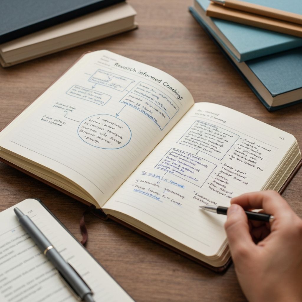 Open notebook with notes representing research-informed coaching