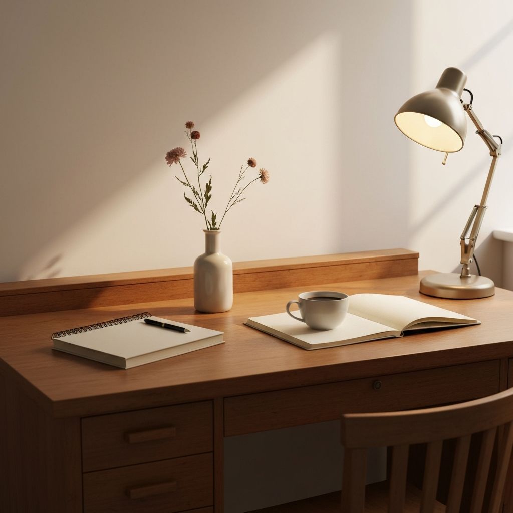 Quiet desk in warm light representing calm focus and renewal